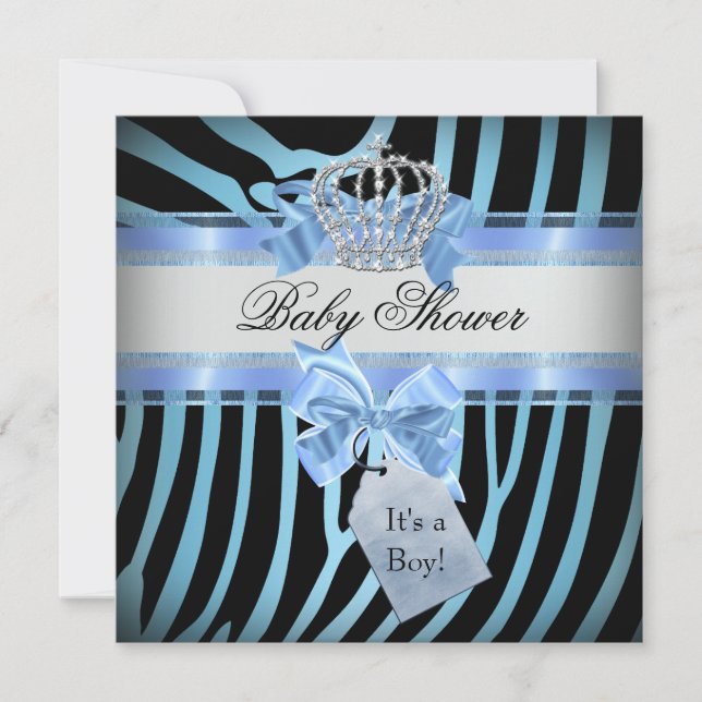Baby Shower Boy Zebra Blue Prince Crown Black Invitation (Front)
