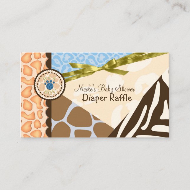 Baby Shower Boys Blue Safari Print Diaper Raffle Enclosure Card (Front)