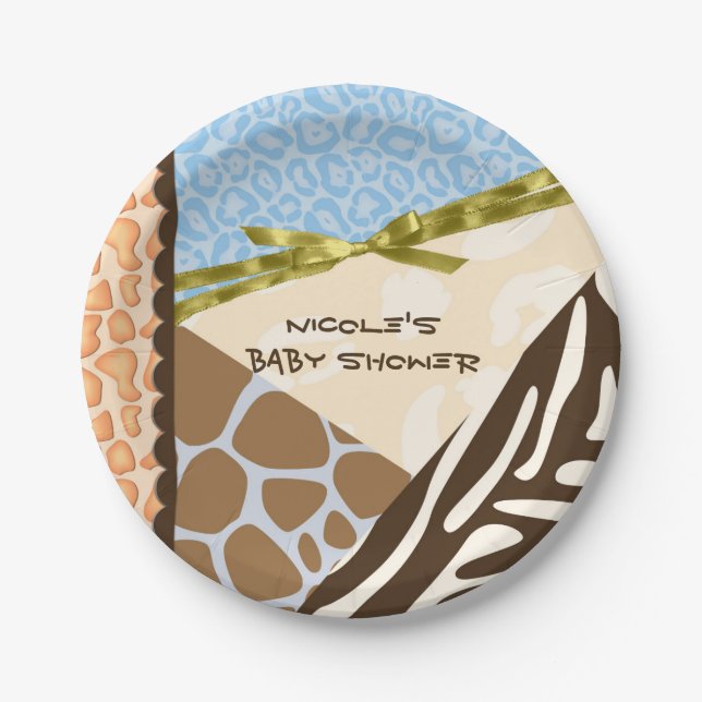 Baby Shower Boys Blue Safari Print Themed Paper Plate (Front)