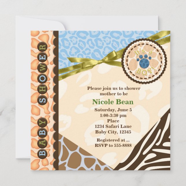 Baby Shower Boys Blue Safari Theme Invitations (Front)