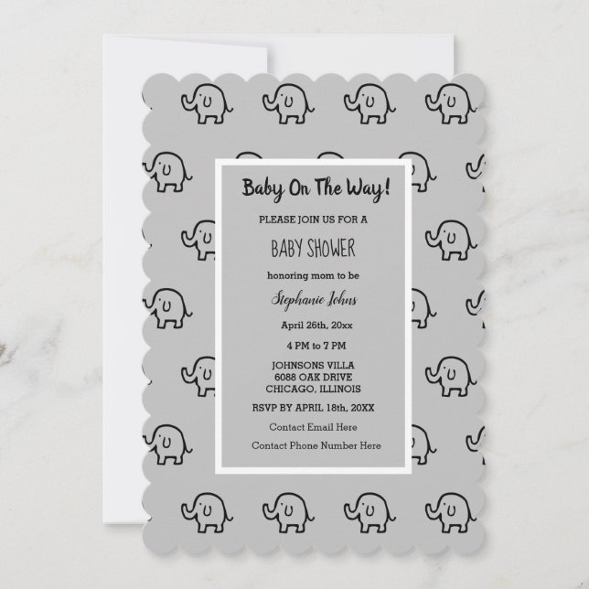 Baby Shower Boys Girls Elephant Patterns Grey Cute Invitation (Front)