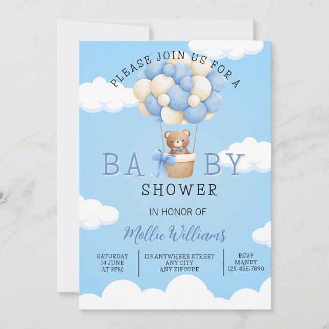 Baby Shower Boys Teddy Bear Hot Air Balloon Invitation (Front)