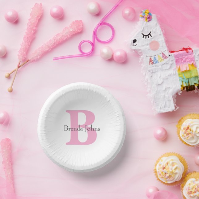 Baby Shower Bridal Shower Monogram Initials Pink Paper Plate (Party)