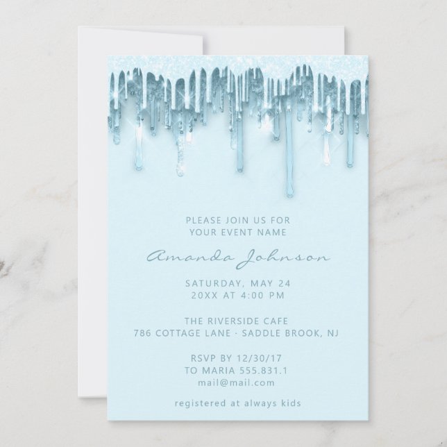 Baby Shower Bridal Sweet 16th  Drips Spark Blue Invitation (Front)