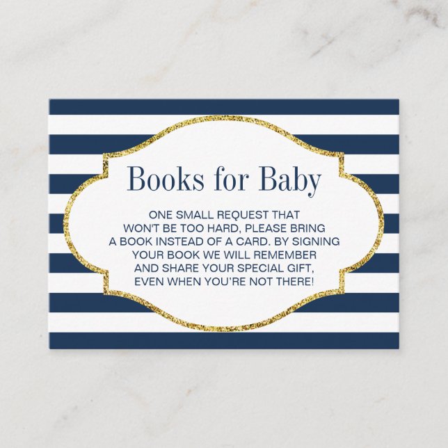 Baby Shower Bring a Book Navy Blue Stripes Insert (Front)