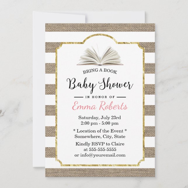 Baby Shower Bring a Book Request Burlap Stripes Invitation (Front)