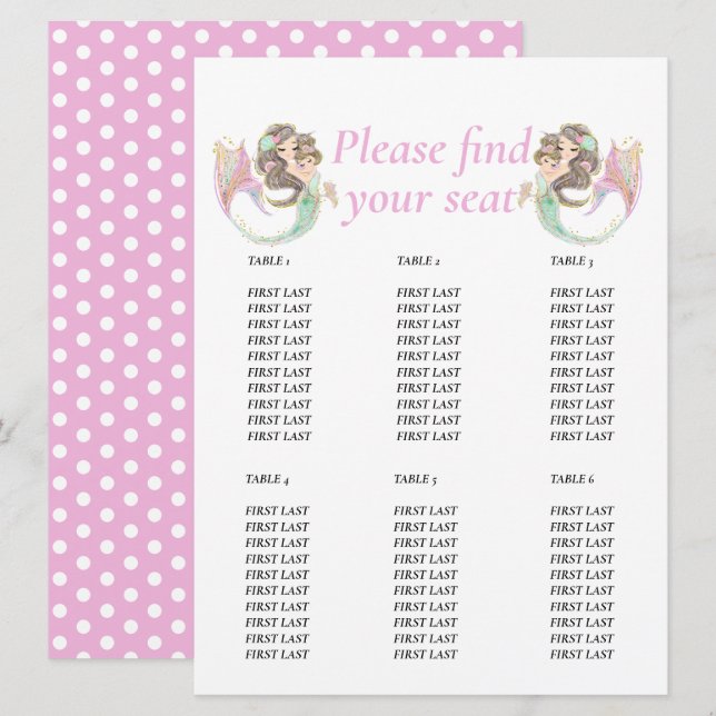 Baby Shower Brown Mermaid Pink Table chart Invitation (Front/Back)