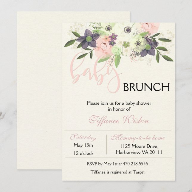 Baby Shower Brunch Invitation Floral Pink Girl (Front/Back)
