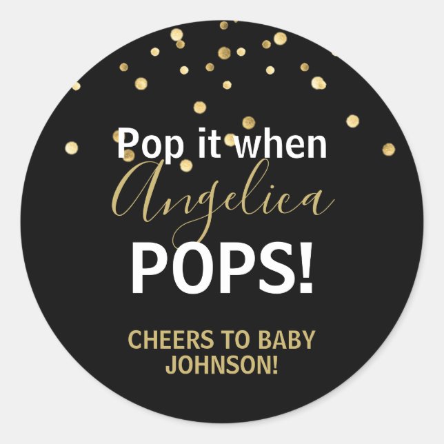 Baby Shower Bubbly POP Champagne Black Gold Classic Round Sticker (Front)