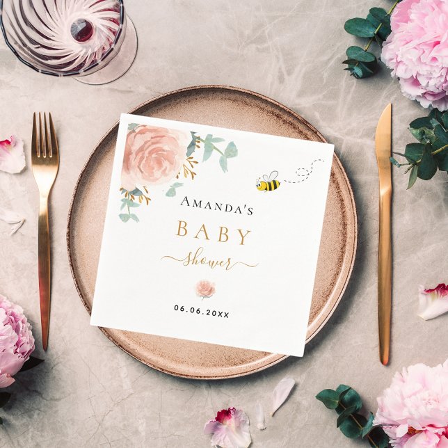 Baby Shower bumble bee pink floral greenery girl Napkin (Creator Uploaded)