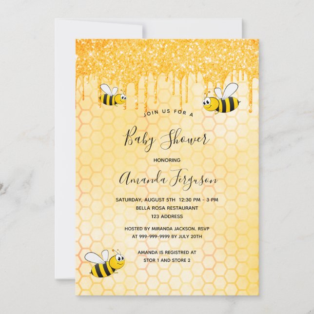 Baby Shower bumble bees gold glitter honeycomb Invitation (Front)