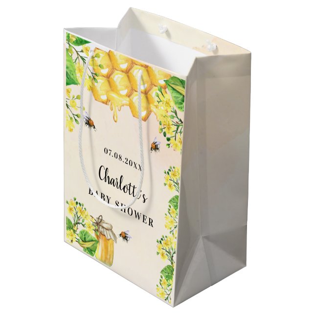 Baby Shower bumble bees honey yellow florals name Medium Gift Bag (Back Angled)