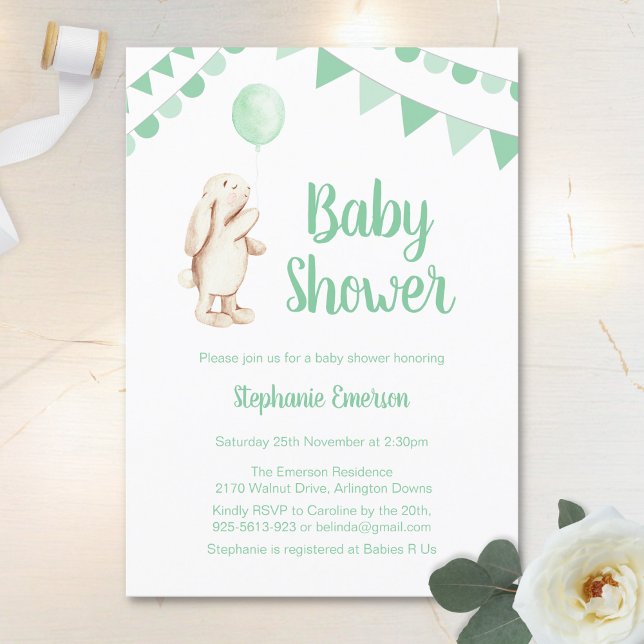 Baby Shower Bunny & Balloon Green Invitation (Creator Uploaded)