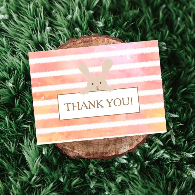 Baby Shower Bunny Coral Stripe Thank You Card (Creator Uploaded)