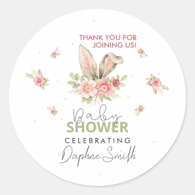 Baby Shower Bunny Ears and Floral Design Classic Round Sticker (Front)