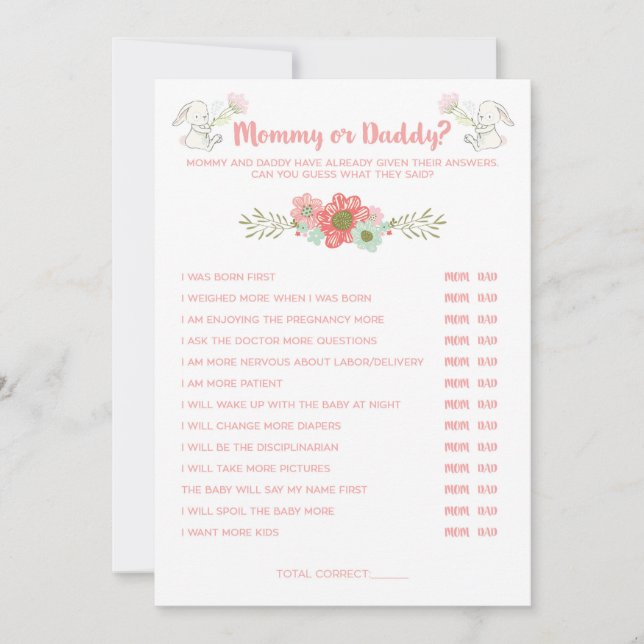 Baby Shower Bunny Mummy or Daddy Game Card (Front)