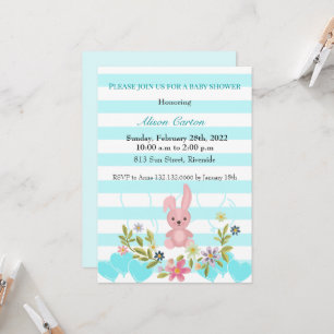 Baby Shower Bunny white and blue teal stripes Invitation