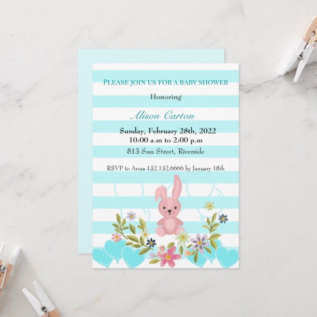 Baby Shower Bunny white and blue teal stripes Invitation (Front/Back In Situ)