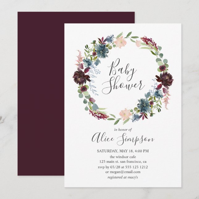 Baby Shower Burgundy and Blue Handwritten Font Invitation (Front/Back)