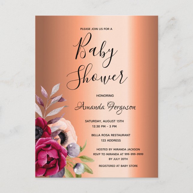 Baby Shower burgundy florals copper invitation Postcard (Front)