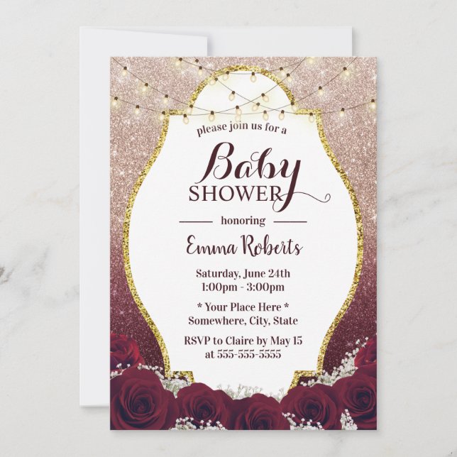 Baby Shower Burgundy Rose Floral Rose Gold Ombre Invitation (Front)