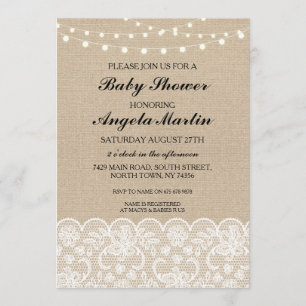 Baby Shower Burlap Lace Trim Lights Party Invite