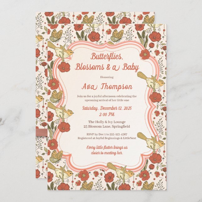 Baby Shower | Butterflies & Blossoms Poetic Floral Invitation (Front/Back)