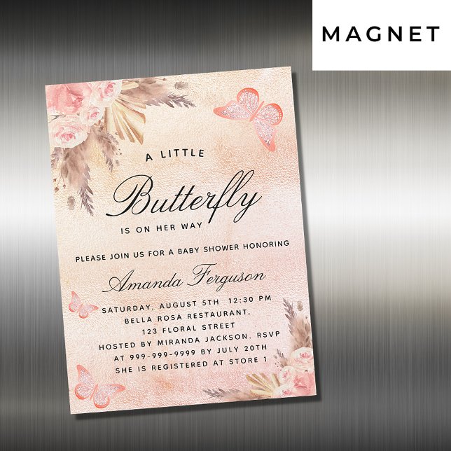 Baby shower butterfly blush pampas grass girl magnetic invitation (Creator Uploaded)
