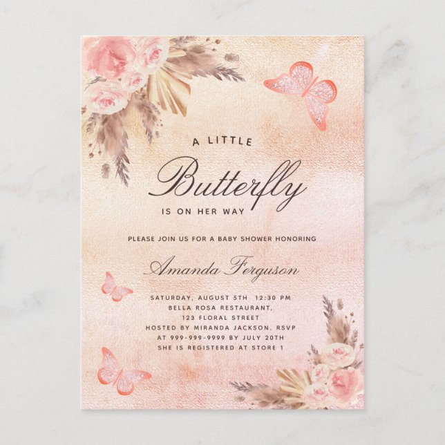 Baby shower butterfly blush pampas grass rose gold invitation postcard (Front)