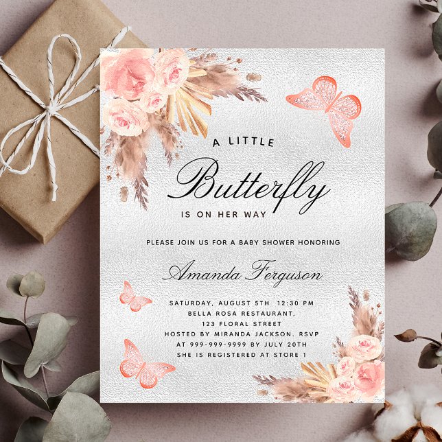Baby shower butterfly blush pampas silver budget flyer (Creator Uploaded)
