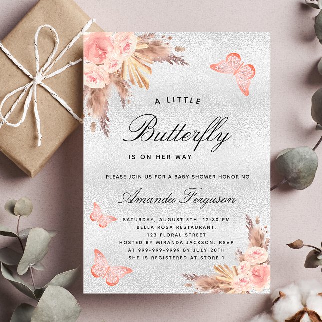 Baby shower butterfly blush pampas silver luxury invitation (Creator Uploaded)