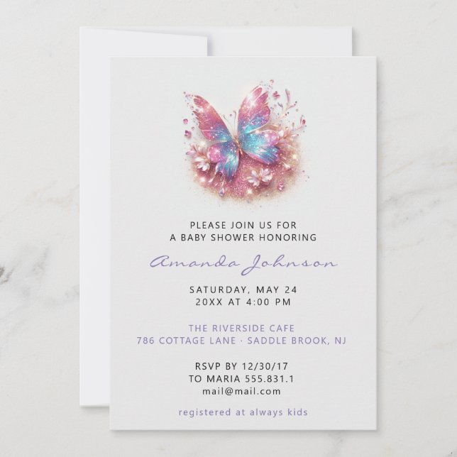 Baby Shower Butterfly Girl  Pink Blue Grey  Invitation (Front)