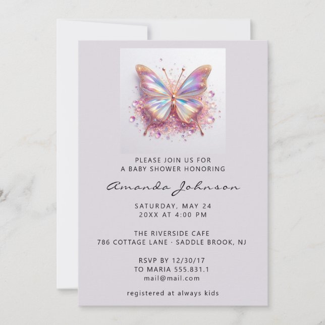 Baby Shower Butterfly Girl Rose Holographic Invitation (Front)