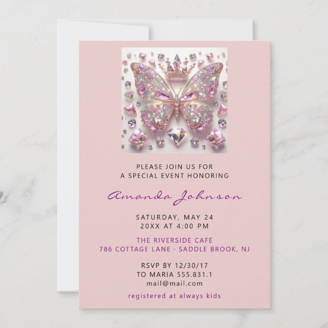 Baby Shower Butterfly Girl Sweet 16th Pink Royal  Invitation (Front)