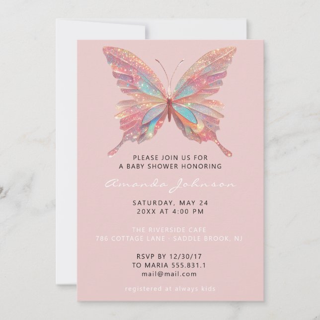 Baby Shower Butterfly Girl Sweet 16th Rose Powder Invitation (Front)