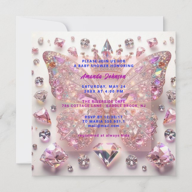 Baby Shower Butterfly GirlPink Crystals Diamond Invitation (Front)