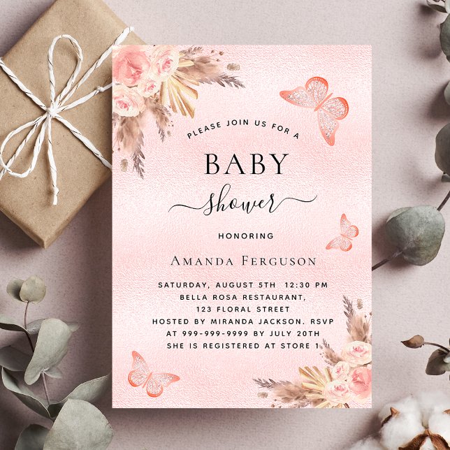 Baby shower butterfly pampas grass blush florals invitation postcard (Creator Uploaded)