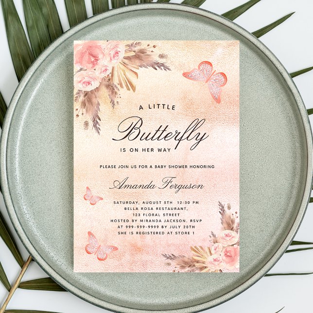 Baby shower butterfly pampas grass rose gold invitation (Creator Uploaded)