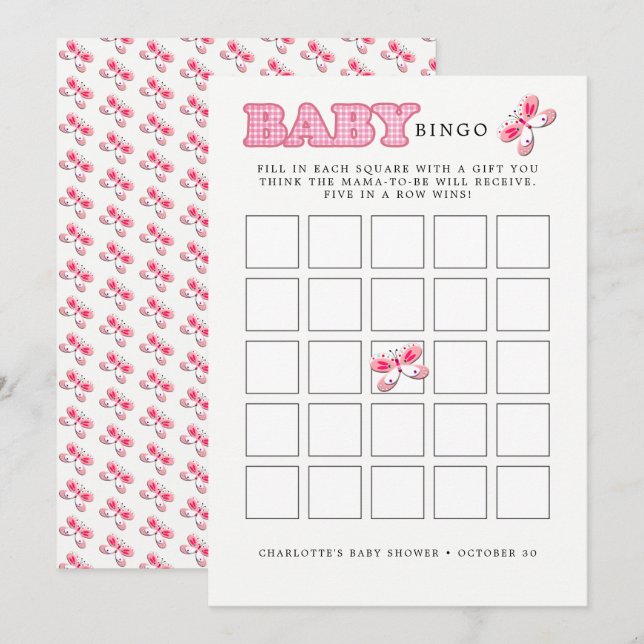 Baby Shower Butterfly Pink Baby Girl Bingo Card (Front/Back)