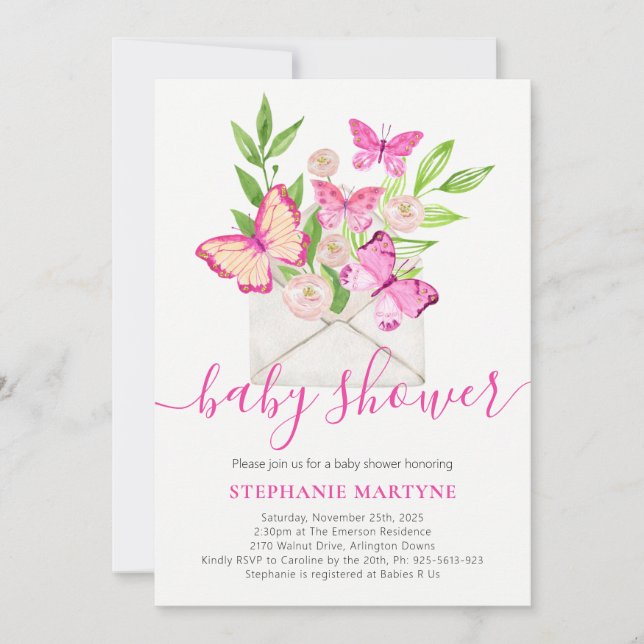 Baby Shower Butterfly Pink Floral Envelope Invitation (Front)