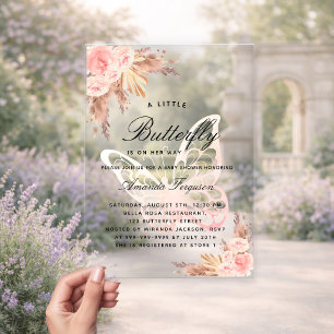 Baby shower butterfly pink girl pampas grass clear acrylic invitations