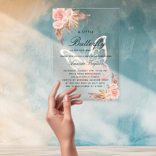 Baby shower butterfly pink girl pampas grass clear acrylic invitations