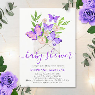 Baby Shower Butterfly Purple Floral Envelope Invitation