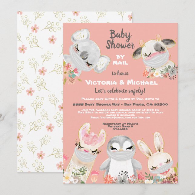 Baby Shower by mail baby Animals with Masks Invitation (Front/Back)