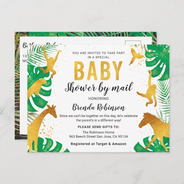 Baby Shower By Mail Boy Gold Jungle Animals Safari Postcard (Front/Back)