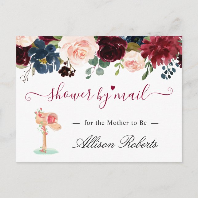 Baby Shower By Mail Burgundy Blush Navy Floral Postcard (Front)