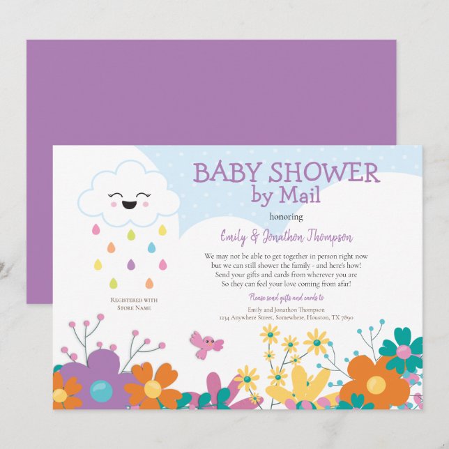 Baby Shower By Mail Cloud Raindrops Florals Invitation (Front/Back)