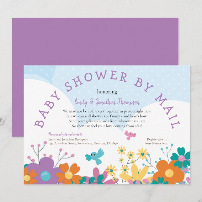 Baby Shower By Mail Colourful Florals Birds Invitation (Front/Back)