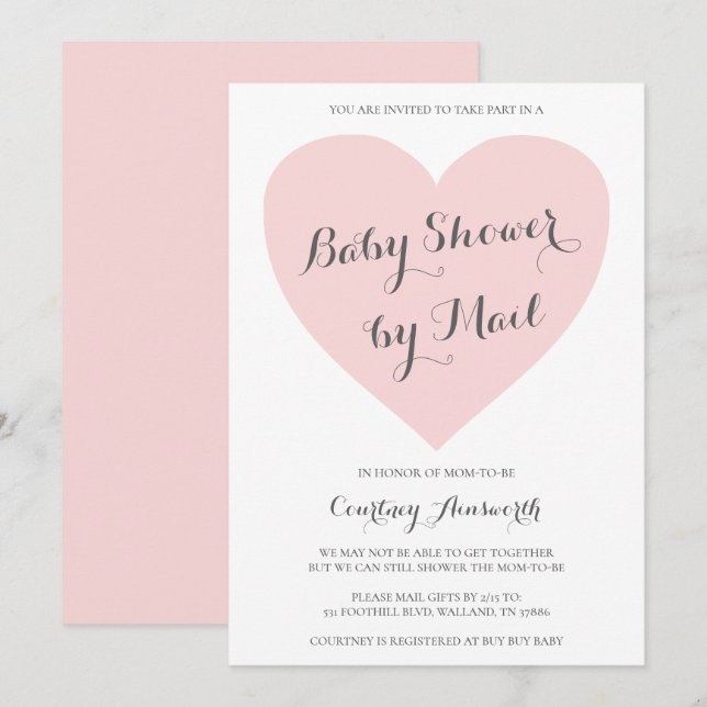 Baby Shower By Mail Cute Pink Heart Girl  Invitation (Front/Back)