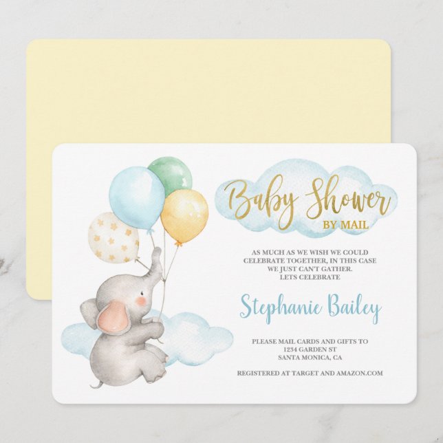 Baby shower by mail elephant boy invitation (Front/Back)